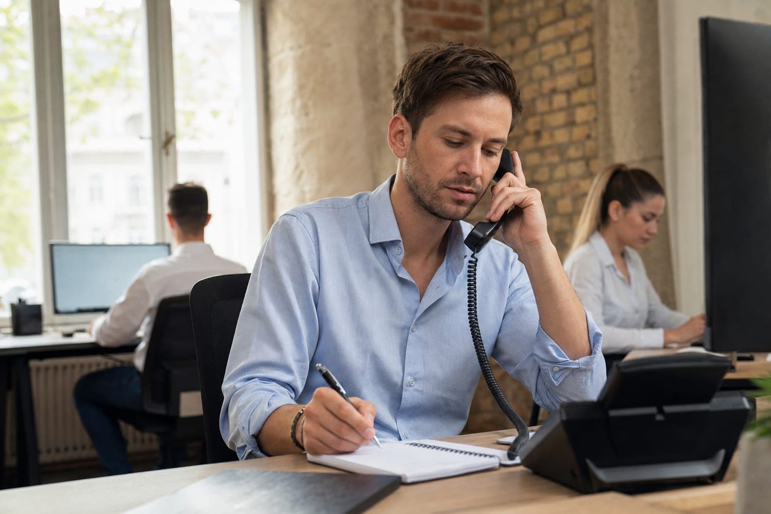Recruiter im Büro am Telefon, daneben Notizblock und Tischapparat